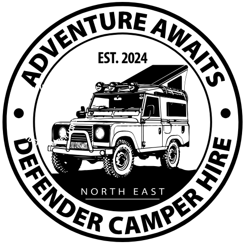 Adventure Awaits Defender Camper Hire logo — Defender camper illustration with 'Adventure Awaits' around the badge