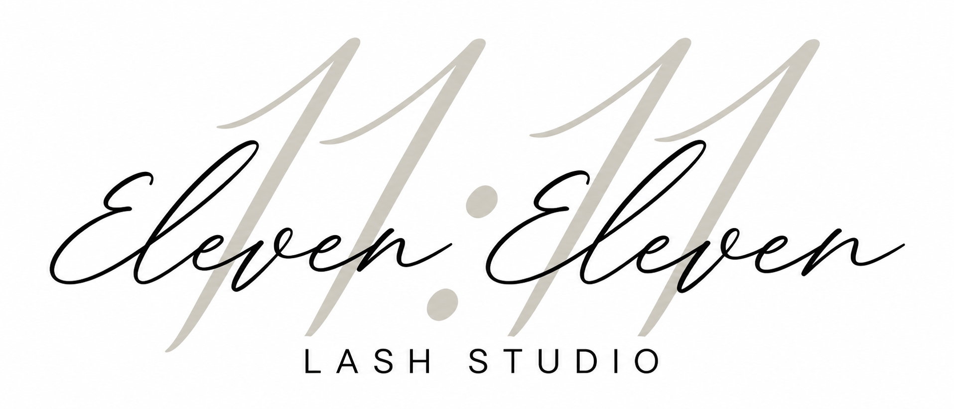 Eleven Eleven Lash Studio logo with script lettering over a pale 11:11 mark