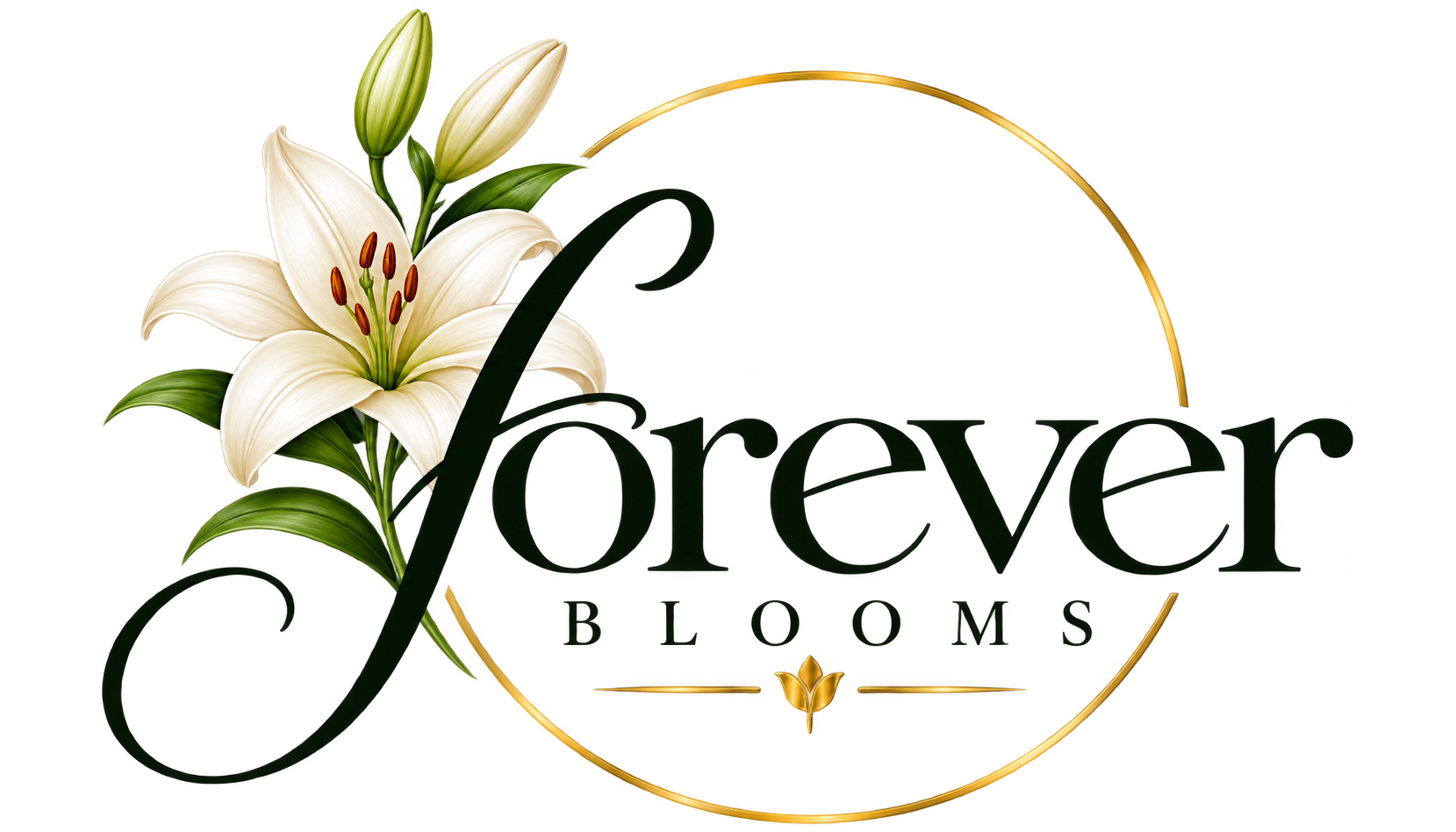 Forever Blooms logo — elegant script lettering with a white lily and gold ring