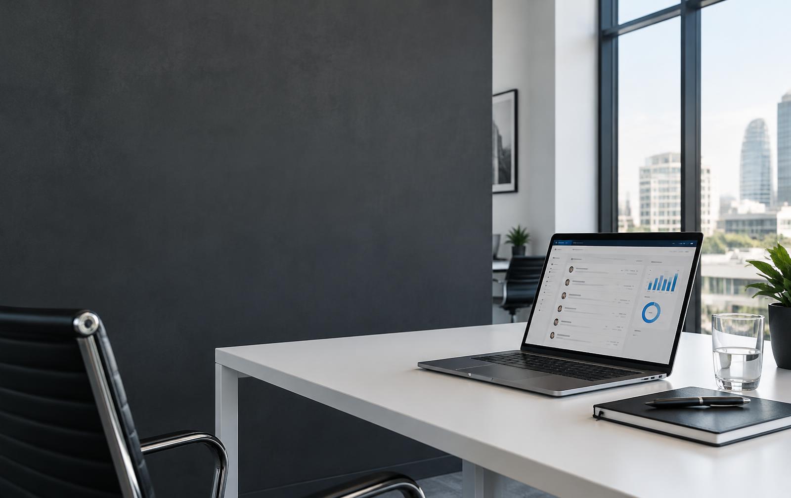 A modern workspace with a laptop displaying a customer management concept