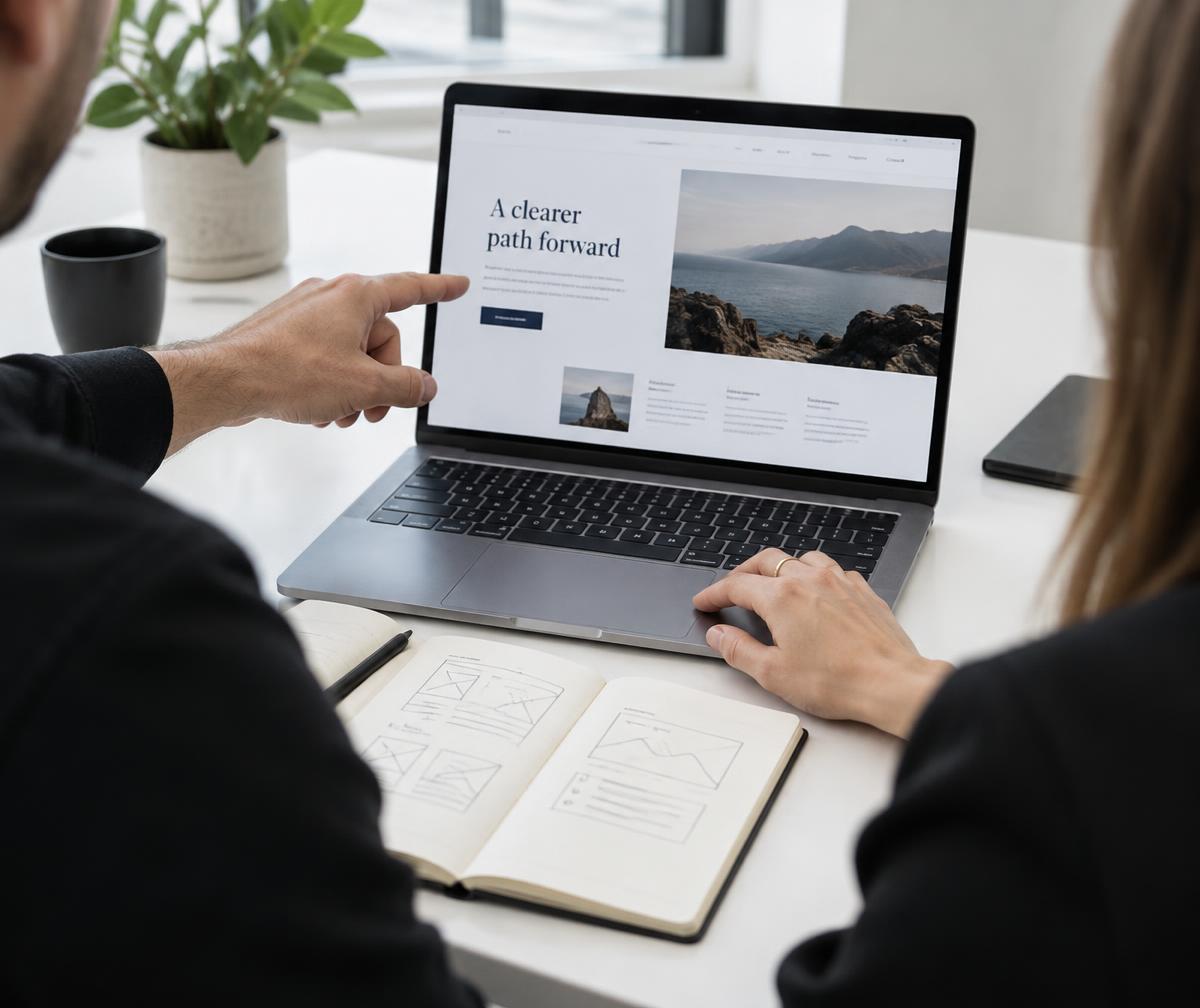 Website design review with a laptop and sketches